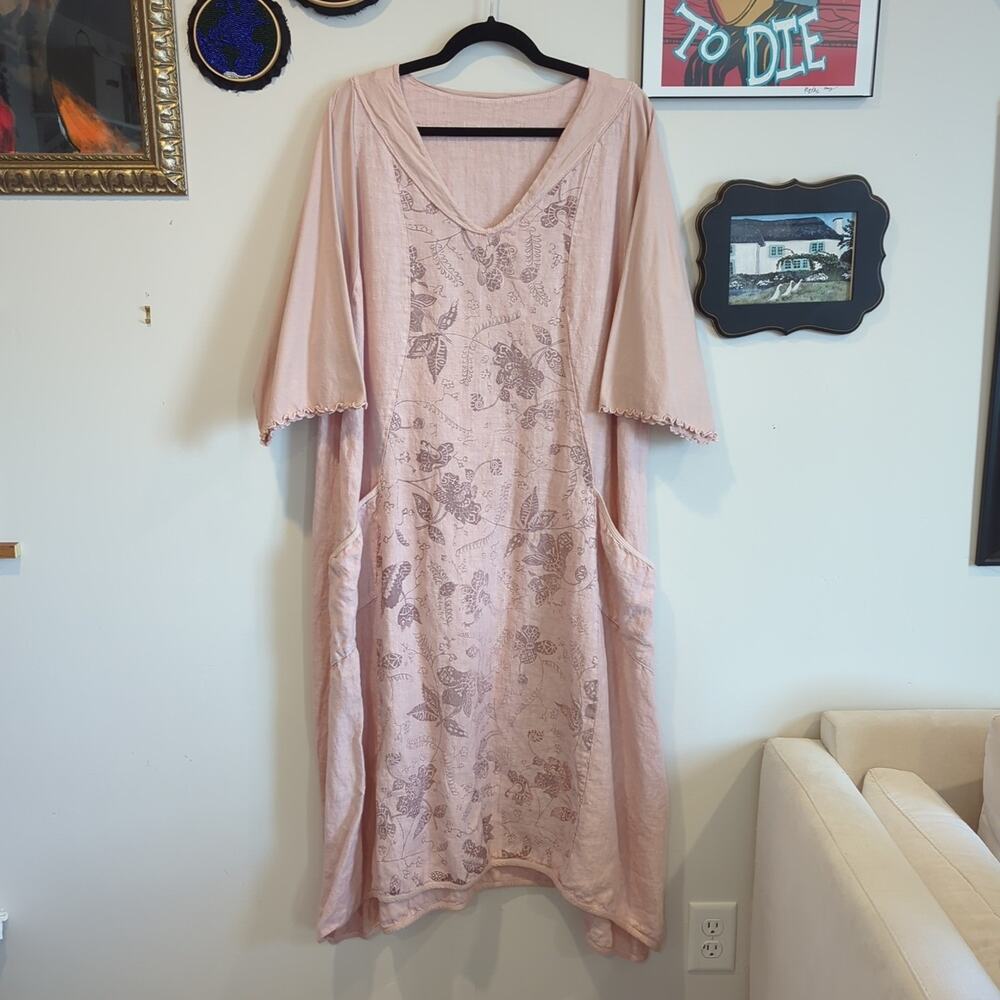 Blue Fish Pink 100% Linen Cocoon Le Jardin Dress in Vintage Petal Dress One Size